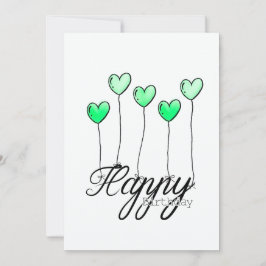 Cartão Hand-Drawn Birthday Card w Green Heart Balloons