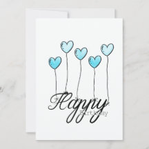 Hand-Drawn Birthday Card w L. Blue Heart Balloons