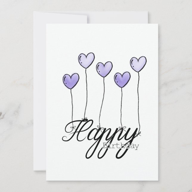 Cartão Hand-Drawn Birthday Card w Purple Heart Balloons (Frente)