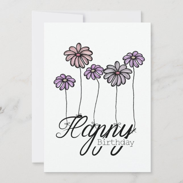 Cartão Hand-Drawn Birthday Card w Rosé Flower Balloons (Frente)