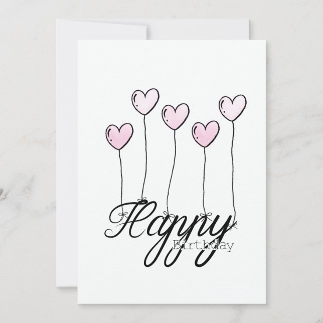 Cartão Hand-Drawn Birthday Card w Rosé Heart Balloons (Frente)