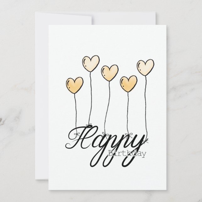 Cartão Hand-Drawn Birthday Card w Yellow Heart Balloons (Frente)