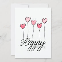 Hand-Drawn Birthday Card With Red Heart Balloons