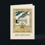 Cartão Hanukkah 2 com menorah/ fronteira ornamenta<br><div class="desc">Esta é uma foto da minha própria menorah com uma pintura minha no fundo. Eu pintei e gravei uma fronteira ornamentado para honrar as tradições artísticas das tradições clássicas do artesanato. Essa é uma versão modernizada de um conjunto histórico de motivos. Personalize-o e envie-o com amor à sua família e...</div>