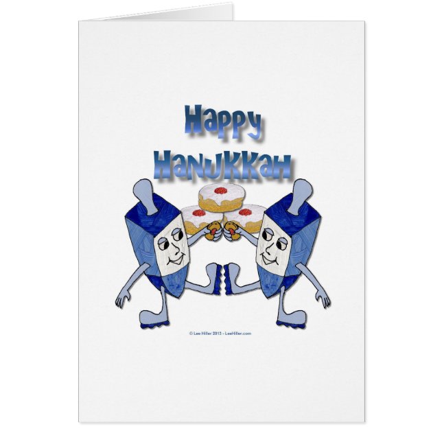 Cartão Hanukkah Dancing Dreidels e Jelly Doughnut (Frente)