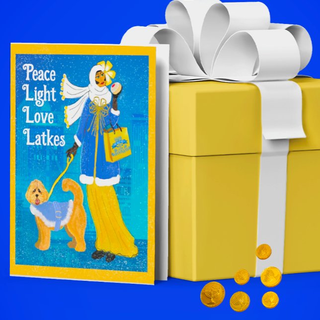 Cartão Hanukkah de Feriado de Cachorro de Art Nouv (The inside says And Jelly Donuts! You can personalize with your own message.)