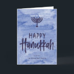 Cartão Hanukkah Dobrado com Aquarela Menorah<br><div class="desc">Uma lavagem de azul-d'água serve como um pano de fundo sutil para esta ilustração texturizada da menorah e o texto feliz, escrito manualmente, do Chanucá. Não se esqueça de personalizar a frente com seu nome de texto. Adicione um toque pessoal ao dentro desta placa dobrada com as opções "personalizá-la" e...</div>