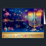 Cartão Hanukkah Lights Festival Holiday Menorah<br><div class="desc">Feliz Hanukkah Belo Festival de Férias Judaicas de Cartão de Saudação das Luzes. Antecedentes judaicos Holiday Hanukkah com símbolos tradicionais Chanukah - sonhos de madeira de hanukkiah dourados (topo giratório), rosquinhas, menorah, velas, estrela de David e luzes brilhantes, padrão de wallpaper brilha. Decoração do Festival Chanucá. Jerusalém, Israel. Convites e...</div>