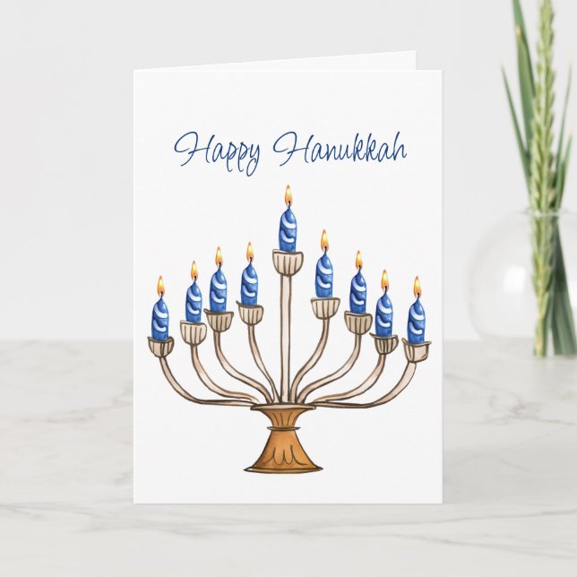 Cartão Hanukkah Menorah com Velas Azuis e Brancas Queiman (Frente)