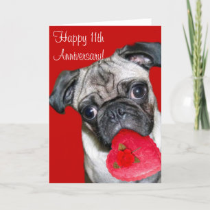 Cartão Happy 11th Anniversary pug greeting card