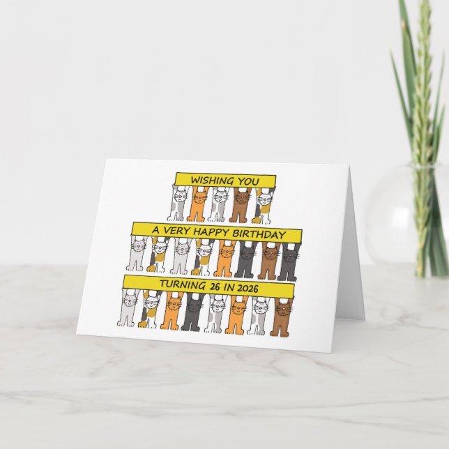 Cartão Happy 26th Birthday 26 in 2026 Cartoon Cats (Frente)