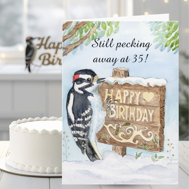 Cartão Happy 35th Birthday Downy Woodpecker (Criador carregado)
