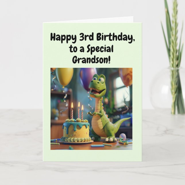 Cartão Happy 3rd Birthday Grandson, Dino, Personalized  (Frente)