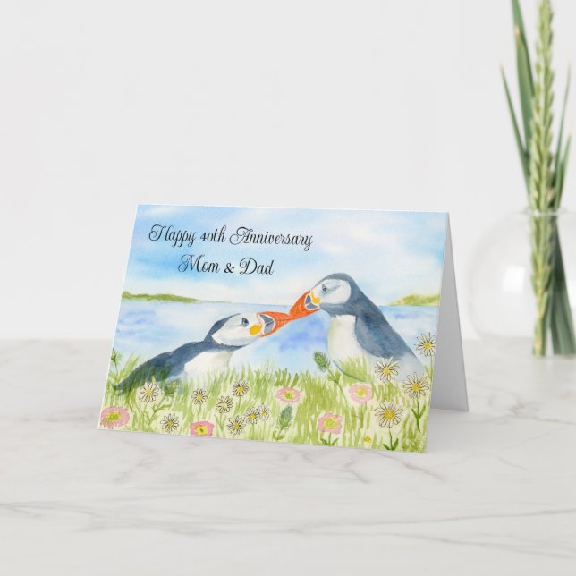 Cartão Happy 40th Anniversary Mom & Dad Puffins  (Frente)