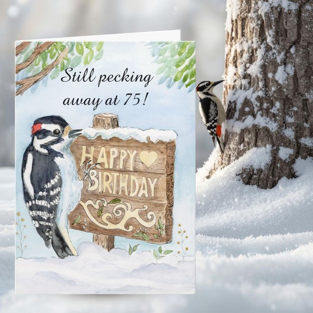 Cartão Happy 75th Birthday Downy Woodpecker (Criador carregado)