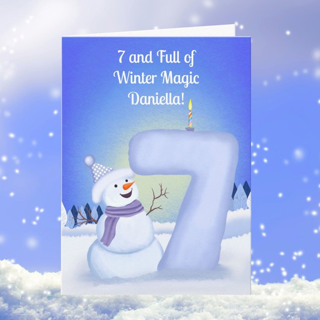 Cartão Happy 7th Birthday Snowman with a Snowy Seven  (Criador carregado)
