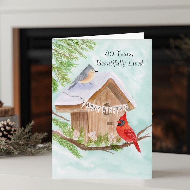 Cartão  Happy 80th Birthday Birds at Birdhouse (Criador carregado)
