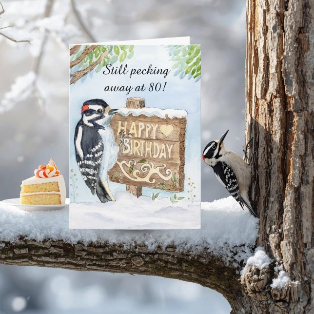 Cartão Happy 80th Birthday Downy Woodpecker (Criador carregado)
