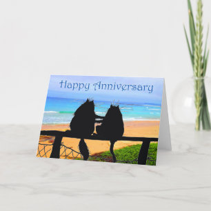Cartão Happy Anniversary, cats silhouette, beach.