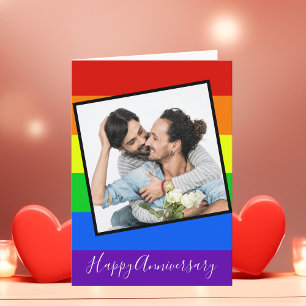 Cartão Happy Anniversary Gay Couple Photo Custom Rainbow