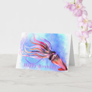Cartão Happy Birthday - Beautiful Colorful Squid Swimming