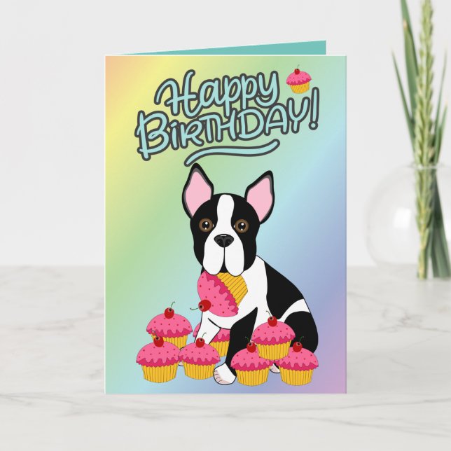 Cartão Happy Birthday! Boston Terrier Cupcakes Card (Frente)