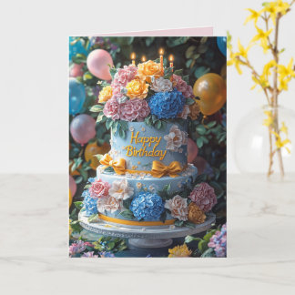 Cartão Happy Birthday Cake Candles Pretty Flowers Bows