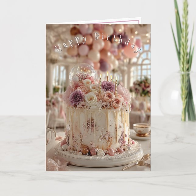 Cartão Happy Birthday Cake Pretty Pink Mauve Flowers   (Frente)