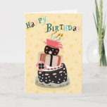 Cartão Happy Birthday Cards Cake Stack<br><div class="desc">Send this fun and colorful birthday card to him or her. Tilting cake layers,  "Happy Birthday" written in fun letters. Cake topped with a coffee cup and candles. You can have your cake and eat it too.</div>
