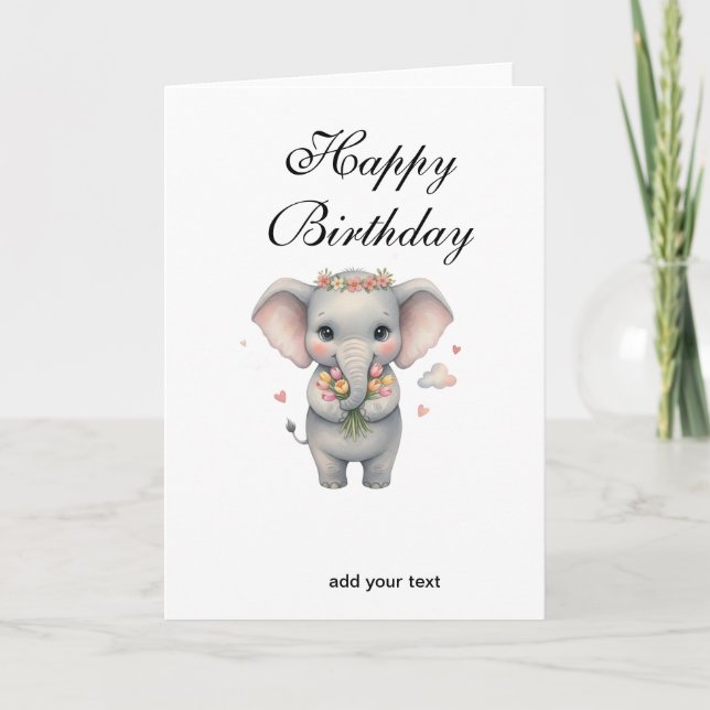 Cartão Happy birthday cute gray baby elephant namestylish (Frente)