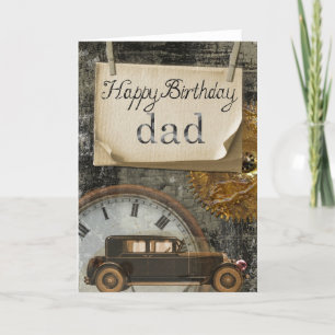 Cartão Happy Birthday Dad Car Clock Retro Vintage Design