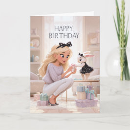 Cartão Happy Birthday Elegant Woman and Bunny Gift Giving