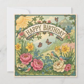 Cartão Happy Birthday Flowers, Birds and Butterflies 