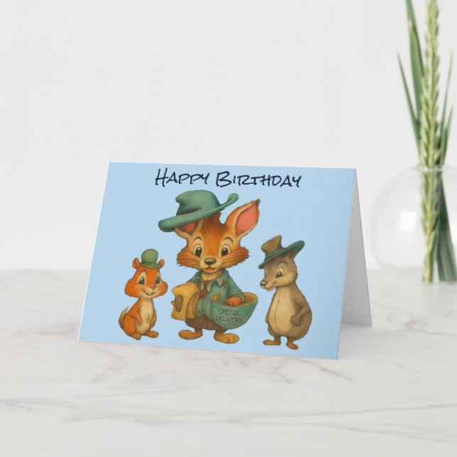 Cartão Happy Birthday Funny Cute Cartoon Animal Delivery  (Frente)