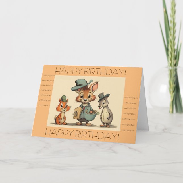 Cartão Happy Birthday Funny Cute Cartoon Animals Courier  (Frente)
