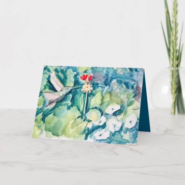 Cartão Happy Birthday God Bless You Hummingbird Flowers (Frente)