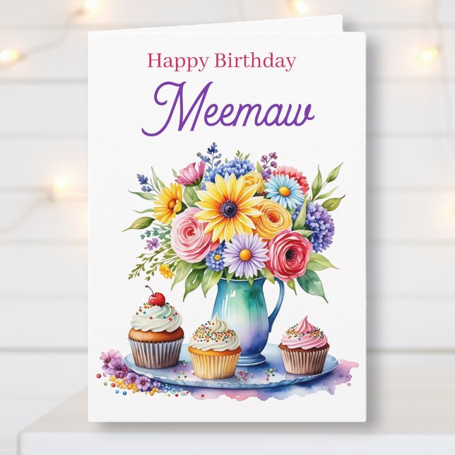 Cartão Happy Birthday Meemaw | Flowers and Cupcakes (Criador carregado)