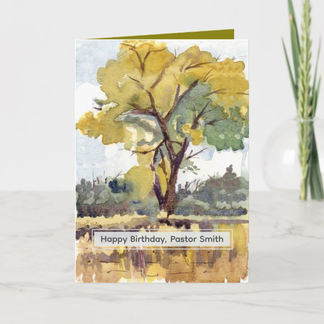 Cartão Happy Birthday Pastor Fall Tree Watercolor Custom (Frente)