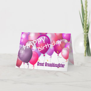 Cartão Happy Birthday Pink Balloons GREAT GRANDDAUGHTER