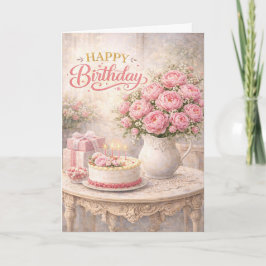 Cartão Happy Birthday Pink Peony Cottage Still Life