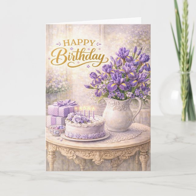 Cartão Happy Birthday Purple Iris Cottage Still Life (Frente)