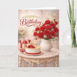 Cartão Happy Birthday Red Rose Cottage Still Life