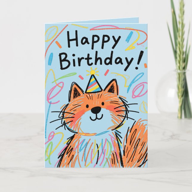 Cartão  Happy Birthday Scribble Cat Card Blue (Frente)