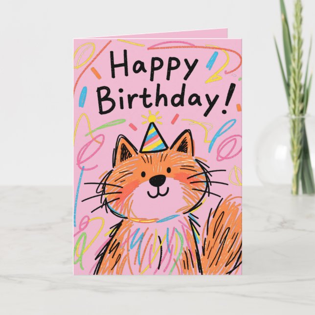 Cartão  Happy Birthday Scribble Cat Card Pink (Frente)