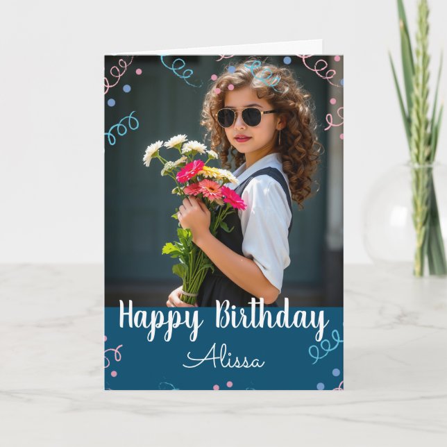 Cartão Happy Birthday Selfie Custom Name Confetti (Frente)
