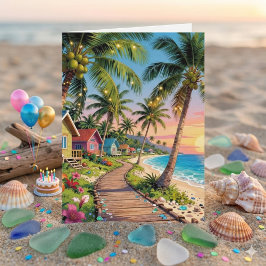Cartão Happy Birthday | Tropical Themed Poem Coastal 