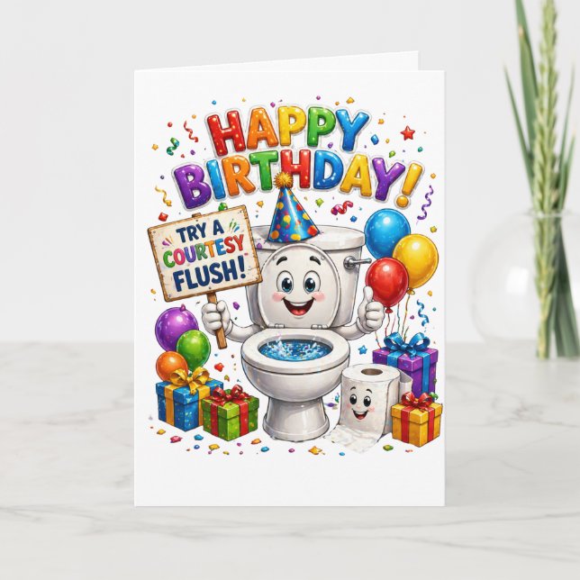 Cartão Happy Birthday Try a Courtesy Flush (Frente)