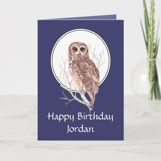 Cartão Happy Birthday Watercolor Night Owl Custom Name (Frente)
