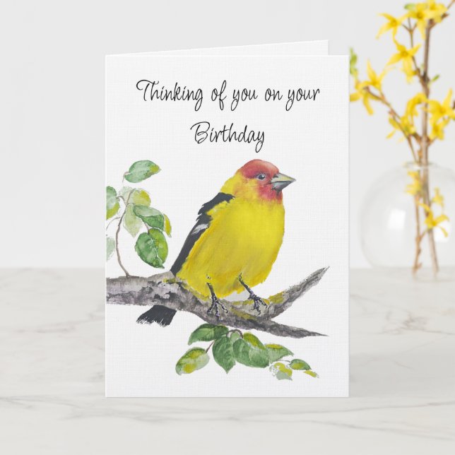 Cartão Happy Birthday Watercolor Western Tanager Bird (Flor Amarela)