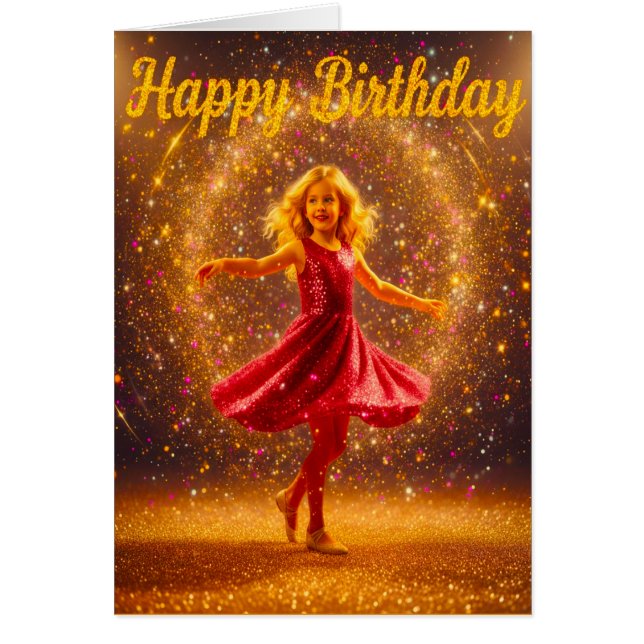 Cartão Happy Birthday with young dancing girl and glitter (Frente)